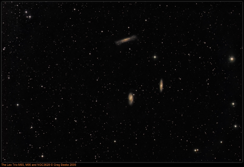 The Leo Trio.jpg - Title: The Leo Trio By: Greg Beeke L=14x240s binned 1x1  RGB=10x60s binned 2x2.  I had to crop the field as I couldn't get rid of some field flooding that meant that the flats didn't do their job properly. I used the TMB100/800 with Televue 0.8 reducer, coupled to the Trifid 2 6303 Cl2